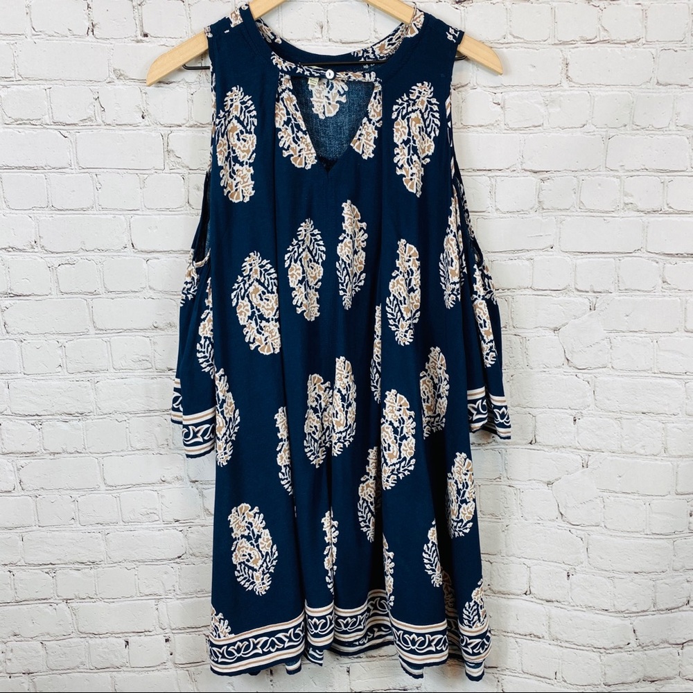 KORI Floral Print Cold Shoulder Flowy Dress S Blue